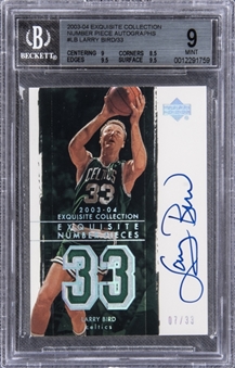 2003-04 UD "Exquisite Collection" Number Piece Autographs #LB Larry Bird Signed Game Used Patch Card (#07/33) – BGS MINT 9/BGS 10